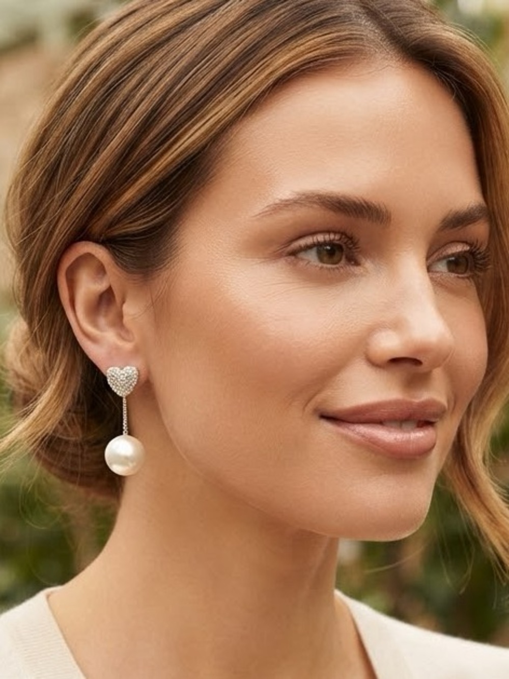 Crystal Heart Pearl Drop Earrings - White Pearl